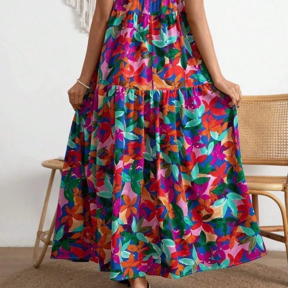 Multicolor Boho Womens Allover Floral Print Split Thigh Cami Dress - Picture 3 of 5
